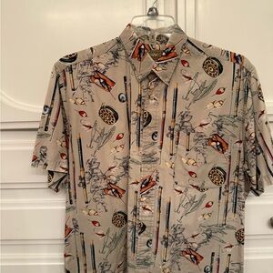 Men's Beige Graphic Casual Button Down Shirt with Fishing design